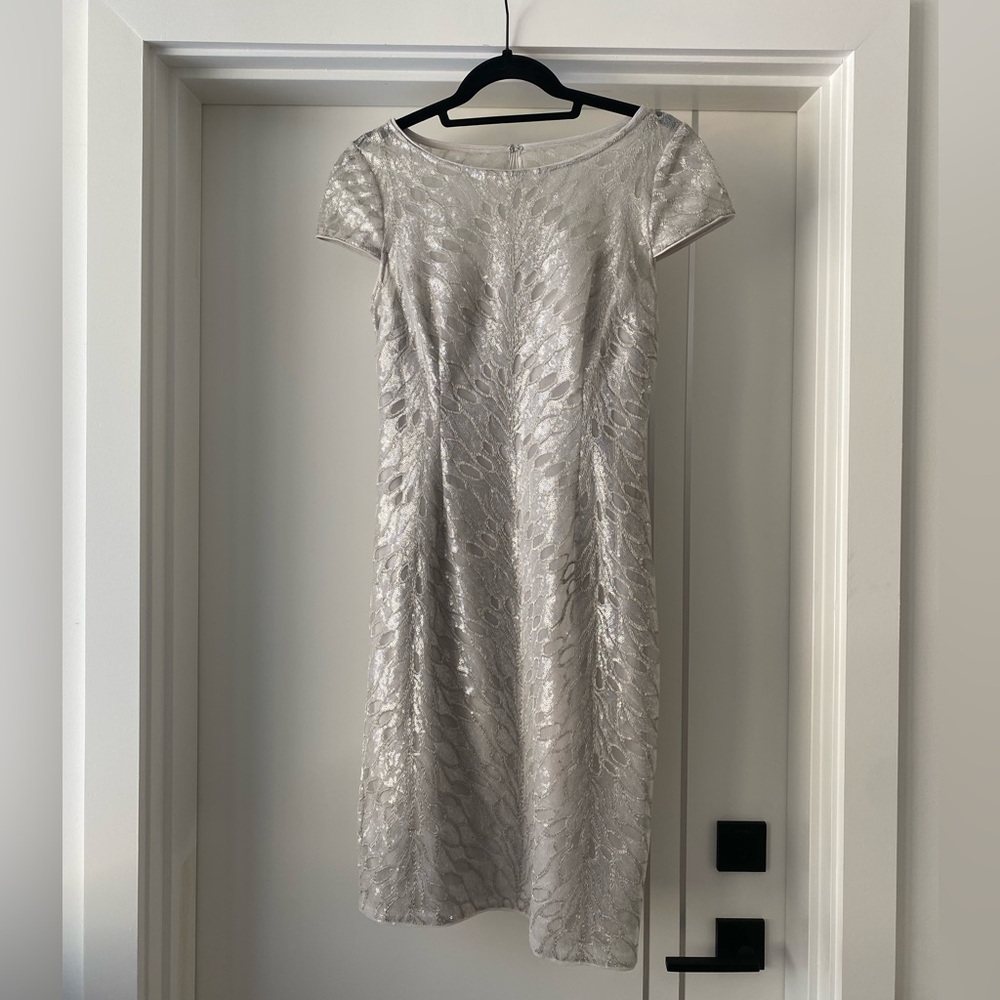 Adrianna Papell Silver Feather Sequin Dress